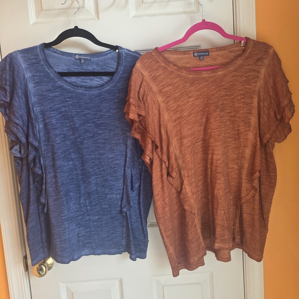 Democracy Blue and Rust Ruffle Short Sleeve Tees.  Size 2x